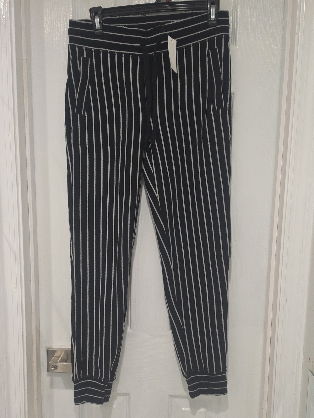 Norma Kamali Black and White Vertical Stripe Joggers